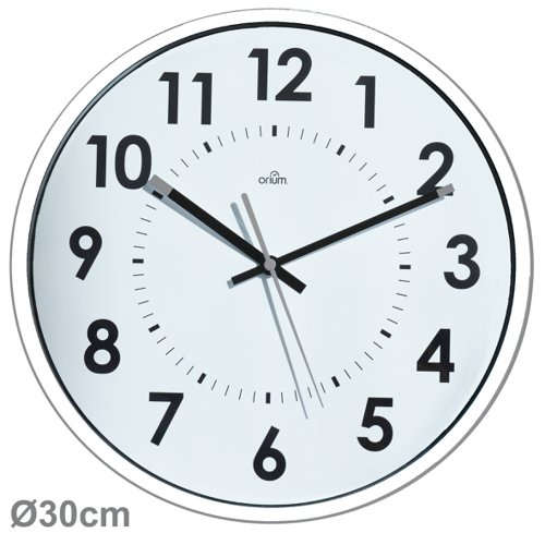 Analogue clock with silent quartz movement, suitable for professional, school or telework environments. White face with numerals and minute markings in black.