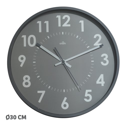 Analogue clock with silent quartz movement, suitable for professional, school or telework environments. Grey face with numerals and minute markings in white.