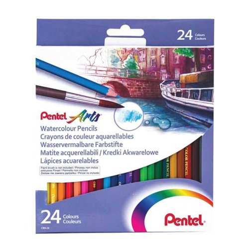 Pentel Arts Watercolour Pencil Set with Anti Roll Barrel Assorted Colours (Pack 24) - CB9-24U