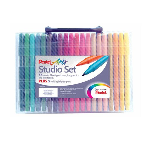 Pentel Arts Studio Fibre Tipped Pens Set 35 + 5 Vivid Highlighter Pens (Pack 35 + 5) - S360PP-35A