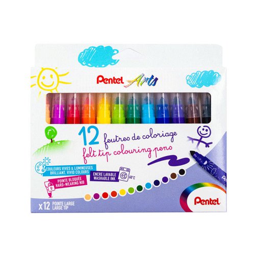 Pentel Arts Ultra Washable Ink Felt Tip Colouring Pens Broad Assorted Colours (Pack 12) - SCS3E-12