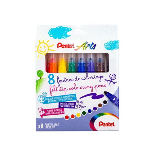 Pentel Arts Ultra Washable Felt Tip Colouring Pens Broad Assorted (Pack 8) - SCS3E-8