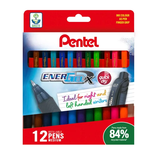 Pentel EnerGel X Tip Width 0.7mm Line Width 0.35mm Assorted Colours in Cardboard Wallet (Pack 12) - YBL107/12-M