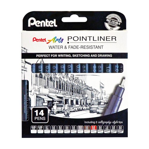 These fineliner pens feature a robust, shape retaining tip in assorted sizes. Perfect for sketching, drawing and writing - allowing you to create the most intricate details, bold lines and shading. ISO 14145-2 certified water and fade-resistant pigment ink.Cardboard wallet contains 1 piece in each point size: 0.03mm, 0.05mm, 0.1mm, 0.2mm, 0.3mm, 0.4mm, 0.5mm, 0.8mm, 1.0mm plus 2.0mm & 3.0mm calligraphy tips in black ink and 0.5mm in grey, sepia & sanguine ink.