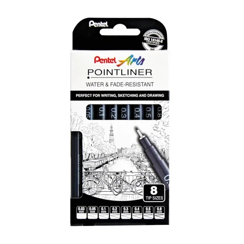 These fineliner pens feature a robust, shape retaining tip in assorted sizes. Perfect for sketching, drawing and writing - allowing you to create the most intricate details, bold lines and shading. ISO 14145-2 certified water and fade-resistant pigment ink.Cardboard wallet contains 1 piece in each point size: 0.03mm, 0.05mm, 0.1mm, 0.2mm, 0.3mm, 0.4mm, 0.5mm and 0.8mm in black ink.