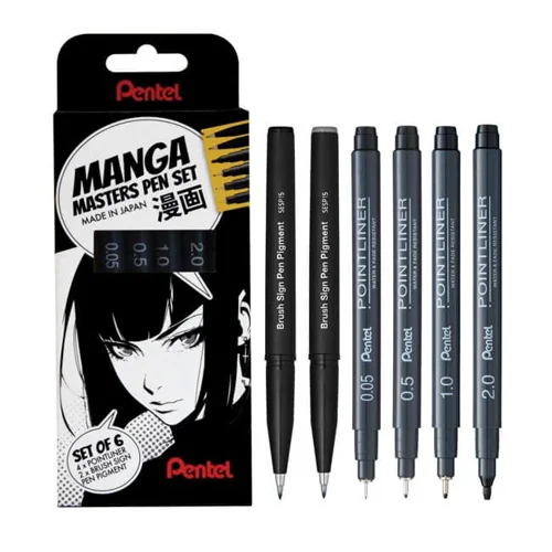 Pentel Arts Manga Master Pen Set contains Pointliners 0.05mm 0.5mm 1.0mm 2.0mm - 2 Brush Sign Pen pigment Black and Grey Ink (Pack 6) - YS20PSESP/6-M