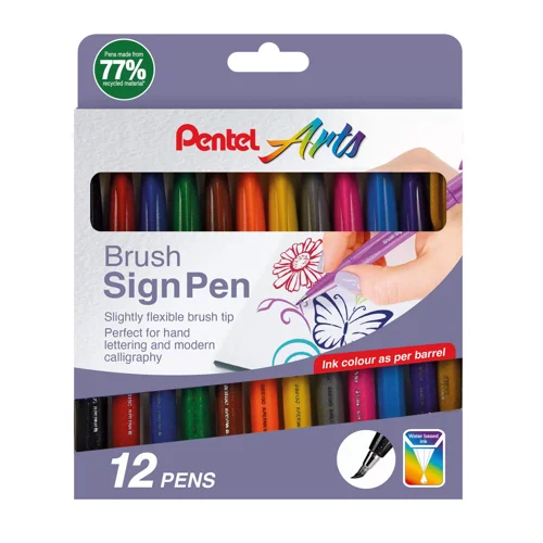 Pentel Arts Brush Sign Pen Assorted Original Colours (Pack 12) - YSES15C/12-M