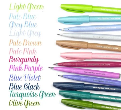 A beautiful pen with slightly flexible brush-like tip, perfect for hand lettering, modern calligraphy, illustrations and journaling. Acid free, water based ink.Wallet of 12 new trend colours - 1 each of burgundy, blue black, olive green, turquoise, light brown, light green, light grey, pink purple, pale pink, pale blue, grey blue and light violet.