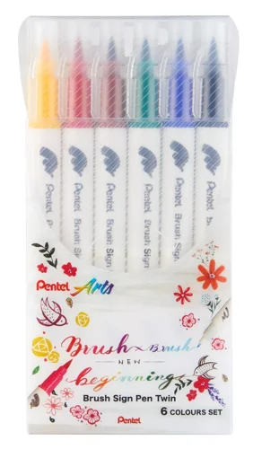 Pentel Arts TwinTip Brush Sign Pen Asssorted Colours (Pack 6) - YSESW30C/6-M