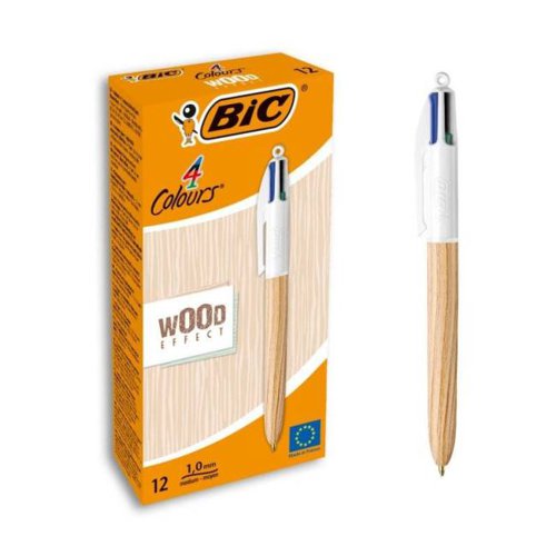 Bic 4 Colours Wood Effect Barrel Ballpoint Pen 1.0mm Tip 0.32mmm Line Black/Blue/Green/Red Ink (Pack 12) - 508964