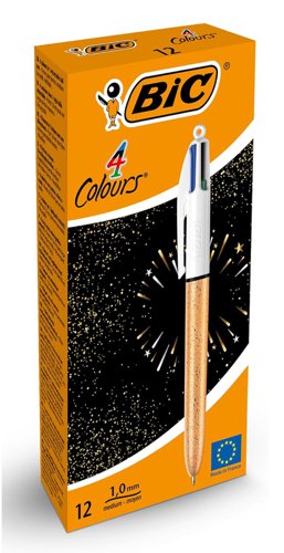 Bic 4 Colours Party Champagne Effect Barrel Ballpoint Pen 1.0mm Tip 0.32mm Line Black/Blue/Green/Red Ink (Pack 12) - 992701