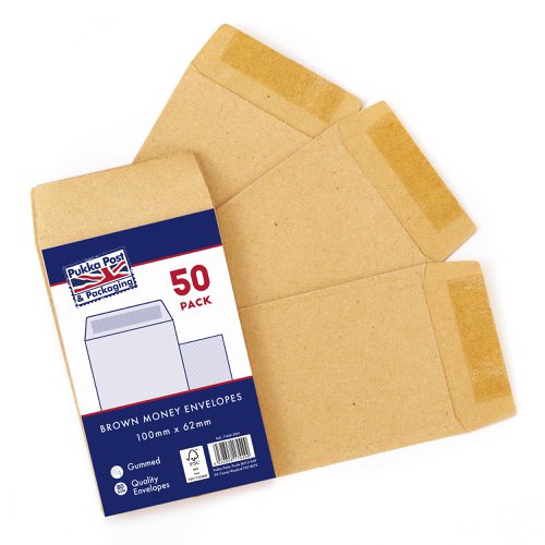 Pukka Post & Packaging Money Envelopes Manilla Gummed 80gsm 100mmx62mm (Pack 50) - 7449-ENV  61116PK