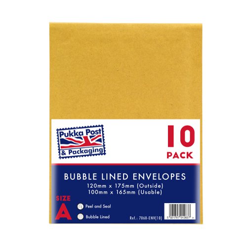 Pukka Post & Packaging Bubble Lined Envelopes Gold Peel and Seal Size A 120mmx175mm (Pack 10) - 7060-ENV(10)