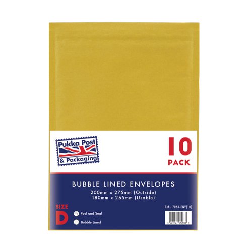 Pukka Post & Packaging Bubble Lined Envelopes Gold Peel and Seal Size D 200mmx275mm (Pack 10) - 7063-ENV(10)