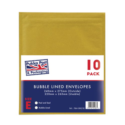 Pukka Post & Packaging Bubble Lined Envelopes Gold Peel and Seal Size E 240mmx275mm (Pack 10) - 7064-ENV(10)