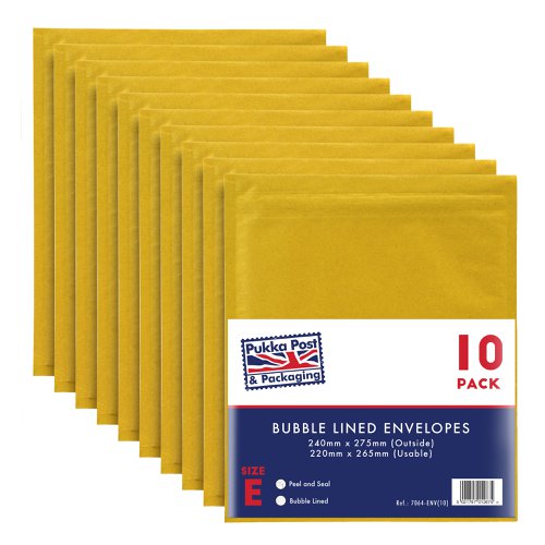 Pukka Post & Packaging Bubble Lined Envelopes Gold Peel and Seal Size E 240mmx275mm (Pack 10) - 7064-ENV(10)