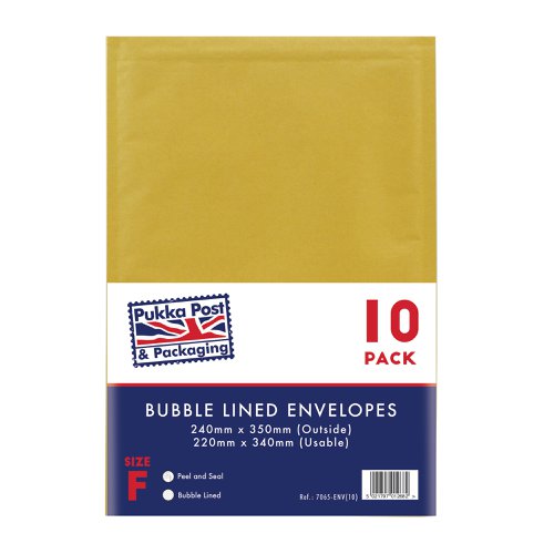 Pukka Post & Packaging Bubble Lined Envelopes Gold Peel and Seal Size F 240mmx350mm (Pack 10) - 7065-ENV(10)