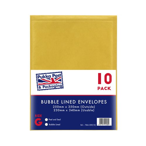 Pukka Post & Packaging Bubble Lined Envelopes Gold Peel and Seal Size G 250mmx350mm (Pack 10) - 7066-ENV(10)