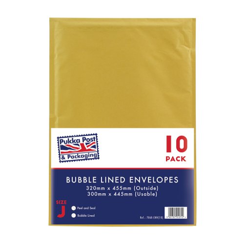 Pukka Post & Packaging Bubble Lined Envelopes Gold Peel and Seal Size J 320mmx455mm (Pack 10) - 7068-ENV(10)