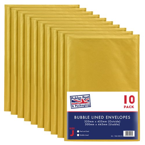 Pukka Post & Packaging Bubble Lined Envelopes Gold Peel and Seal Size J 320mmx455mm (Pack 10) - 7068-ENV(10)