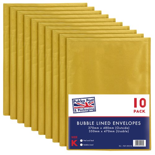 Pukka Post & Packaging Bubble Lined Envelopes Gold Peel and Seal Size K 370mmx480mm (Pack 10) - 7069-ENV(10)