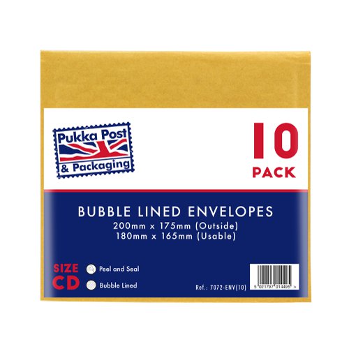 Pukka Post & Packaging Bubble Lined Envelopes Gold Peel and Seal Size CD 200mmx175mm (Pack 10) - 7072-ENV(10)