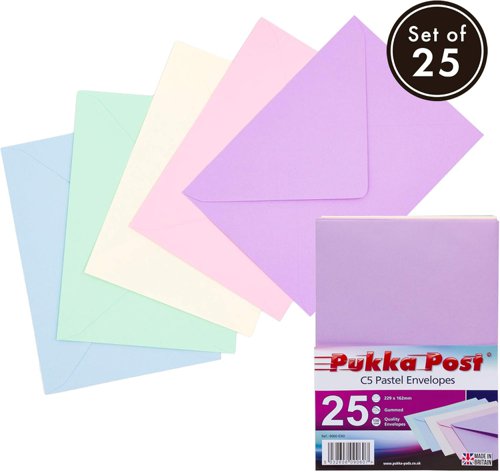 Pukka Post & Packaging Envelopes C5 Pastel (Soft Pink/Soft Blue/Leaf Bird Green/Vanilla/Amethyst) Gummed 100gsm 162mmx229mm (Pack 25) - 9060-ENV