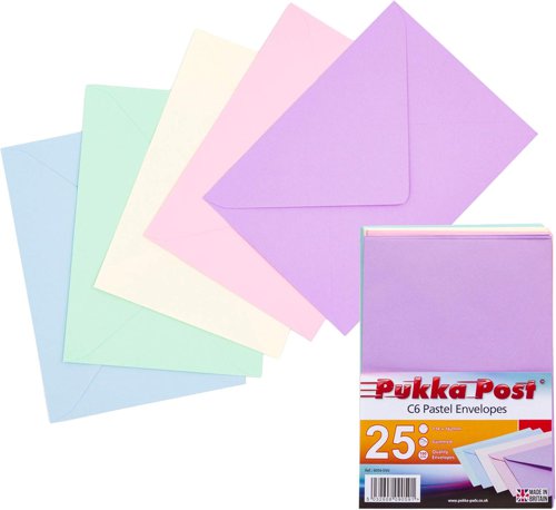 Pukka Post & Packaging Envelopes C6 Pastel (Soft Pink/Soft Blue/Leaf Bird Green/Vanilla/Amethyst) Gummed 100gsm 114mmx162mm (Pack 25) - 9059-ENV