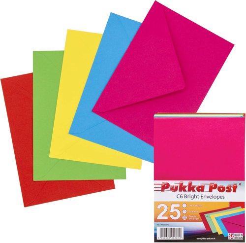 Pukka Post & Packaging Envelopes C6 Bright (Red/Yellow/Green/Blue/Pink) Gummed 100gsm 114mmx162mm (Pack 25) - 9061-ENV