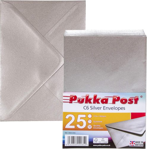 Pukka Post & Packaging Envelopes C6 Silver Gummed 100gsm 114mmx162mm (Pack 25) - 9065-ENV