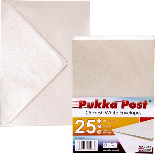 Pukka Post & Packaging Envelopes C6 Fresh White Gummed 100gsm 114mmx162mm (Pack 25) - 9067-ENV