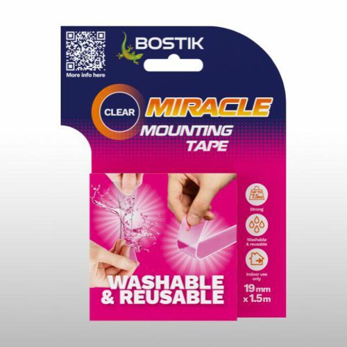 Bostik Miracle Tape Double Sided Mounting Tape Reusable 19mmx1.5m Clear - 30628185  61928BK