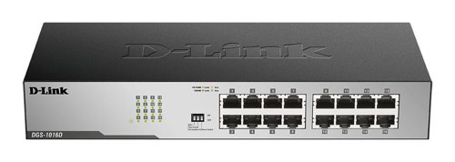 8DLDGS1016DB | The D-Link DGS-1016D 16-Port Unmanaged Gigabit Switch series offer an economical way for SOHO and Small-to-Medium Businesses (SMB) to take advantage of Gigabit Ethernet speeds while reducing energy consumption and minimising noise output.Brings the speed of Gigabit Ethernet to all ports for a truly high-speed network. If your network has a mix of legacy and modern connection interfaces, each port allows for standard Ethernet, Fast Ethernet, or Gigabit Ethernet connections. You have the latest technology available to every computer and device connected to your network.Incorporates several advanced features to help simplify and improve network management and efficiency. Flow Control throttles connections to ensure reliability during heavy usage periods by reducing packet loss and wasteful data re-transmission. In addition, Storm Control and Port Isolation mitigate the effects of broadcast storms caused by rogue software and malware, which can propagate across the network and bring communication to a standstill.Features a durable, compact metal case alongside a fanless design allowing for improved heat dissipation while maintaining silent operation. The 16-Port Gigabit Unmanaged Switch series is small, lightweight, wall-mountable, and is ideal for any business with demanding requirements and a small budget.The 16-Port Gigabit Unmanaged Switch series helps you conserve energy automatically through several methods. Link status detection automatically powers down ports that have no link, allowing the switches to save substantial amounts of power by cutting power usage for unused ports or any ports connected to computers that have been shut down.Meanwhile, Energy-Efficient Ethernet (EEE) conserves energy by dynamically reducing power consumption when data activity is low. These environmentally friendly switches are also RoHS compliant, use recyclable packaging, and minimise the use of harmful substances. These green features combined, provide more energy savings and a longer product life, without sacrificing operational performance or functionality.