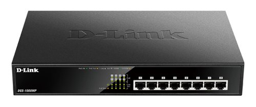 8DLDGS1008MP | Something of a powerhouse when it comes to Power-over-Ethernet switches, this compact beauty offers PoE to 802.3af/at standard across all eight Gigabit Ethernet ports, at up to 30 Watts per port with a power budget total of 125 Watts. Which, put simply, means you can power devices such as access points, IP phones and video surveillance cameras simply by plugging them in with an Ethernet cable - no additional power required.The DGS-1008MP features 8 x 10/100/1000BASE-T ports that support the IEEE 802.3at PoE+ protocol. Each of the 8 PoE+ ports can supply up to 30 watts with a total PoE power budget of 125 watts. PoE is especially suitable for devices that are far from power outlets or when you want to minimise the clutter of extra cables.No configuration is required and installation is quick and easy. Support for Auto MDI/MDI-X on all ports eliminates the need for crossover cables when connecting to another switch. Auto- Negotiation on each port senses the link speed of a network device (10, 100 or 1000 Mbps) and intelligently adjusts for compatibility and optimal performance. The switch has been designed without fans ensuring silent operation wherever it is installed. With wire-speed filtering and store-and-forward switching, the DGS-1008MP maximises network performance while minimising the transmission of bad network packets.DGS-1008MP switches feature both D-Link Green 3.0 Technology and IEEE802.3az Energy Efficient Ethernet (EEE) to cut operating costs without sacrificing operational performance or functionality. With D-Link Green technology, the switches constantly monitor the link status and network utilisation of every port. The switches also automatically detect cable length and can reduce transmission power usage for shorter cables. By pairing EEE capable devices with DGS-1008MP switches organizations can drastically reduce power consumption by automatically putting ports into a sleep mode when not being used.