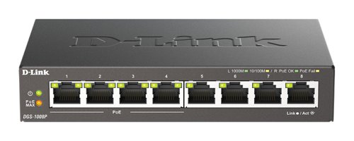 8DLDGS1008PB | The D-Link DGS-1008P 8-Port Gigabit PoE Unmanaged Desktop Switch enables home and office users to easily connect and supply power to Power over Ethernet (PoE) devices such as wireless access points (APs), IP cameras, and IP phones. It also provides the opportunity to add additional Ethernet devices like computers, printers, and Network Attached Storage (NAS) onto a network. This compact PoE switch operates quietly, making it ideal for use in virtually any room or office.All ports support automatic MDI/MDIX crossover, eliminating the need for crossover cables or uplink ports. Each port can be plugged directly to a server, hub, router, or switch using regular straight-through twisted-pair Ethernet cables.Each of the four ports can supply up to 30 watts, for a total PoE budget of 68 watts, allowing users to attach an IEEE 802.3at-compliant device to the DGS-1008P that requires no additional power. Use PoE+ for applications that are far from power outlets or when you want to minimize the clutter of extra cables.The DGS-1008P makes use of D-Link GreenTM eco-friendly technology, providing energy savings, reduced power consumption, and a longer product life without sacrificing operational performance or functionality.