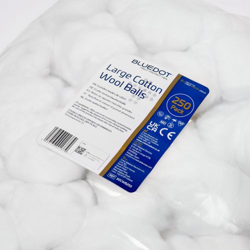 Blue Dot Absorbent Cotton Balls are soft and gentle to the skin. The cotton balls are ideal for topical cleansing and swabbing, and can be used as a cushioning layer when treating and dressing a wound.