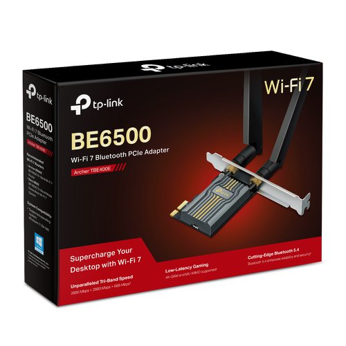 8TP10453454 | WiFi 7, WiFi Like Never BeforeWiFi 7 has arrived with jam-dropping performance - offering accelerated throughput, lower latency, stronger anti-jamming and higher efficiency. Join the league of pros and experience the sheer performance of the next generation WiFi.Superior WiFi ReceptionArcher TBE400E takes your PC’s Wi-Fi reception to the next level with the revolutionary combination of OFDMA and MU-MIMO. This ensures the efficiency of your PC’s Wi-Fi connection by allowing more devices to communicate with your router simultaneously, rather than waiting in turn for data.Reliable Bluetooth 5.4Building on its predecessor’s high-speed and wide-range capabilities, Bluetooth 5.4 offers improved reliability and security. Enjoy seamless interoperability with game controllers, headphones, keyboards, and more.High-Gain Antennas for Broader CoverageTwo powerful signal-boosting high-gain antennas greatly extend existing Wi-Fi coverage, offering a fast, smooth online experience from farther away.Advanced SecurityThe latest Wi-Fi security protocol, WPA3, brings new capabilities to improve cybersecurity. More secure encryption in Wi-Fi password safety and enhanced protection against brute-force attacks combine to safeguard your home Wi-Fi.