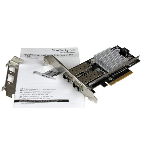 8ST10056937 | Get fast, high-bandwidth connectivity with this cost-effective fibre network card. It adds two open SFP+ slots to your server or high-powered workstation, giving you an easy way to connect your server or workstation to a 10 Gigabit fibre network using the SFP+ modules of your choice.Transfer files at faster speedsLarge file transfers, multimedia content and increased numbers of network users create constant pressures for more bandwidth in your network infrastructure. This fibre NIC lets you harness the speed and stability of a 10 Gigabit network. The NIC supports data transfers at up to 10Gbps per port, or up to 20Gbps per port in full-duplex mode.Add scalable network connections to your server or workstationThe fibre NIC is compatible with most 10GbE SFP+ transceivers, giving you flexible configuration options to connect your computer directly to a fibre network at greater distances.The card features two open SFP+ slots with support for interchangeable SFP+ modules, including the StarTech.com 10GBase-SR SFP+ Fiber Transceiver Module (SKU: SFP10GSRST). This gives you the option to use the modules that best suit your network needs based on distance and connector type. StarTech.com SFP+ Cables provide a dependable solution for linking telecom and data communications equipment, such as routers and switches.Enhance your network capabilitiesThe 10 Gigabit network card features the Intel® 82599 chipset, designed to deliver the power, performance and enhanced capabilities you need for reliable network connections to your server or computer. The Intel chip offers many advanced features including Intel® Virtualization Technology for connectivity, PXE network boot support and up to 15K jumbo frame support.The PEX20000SFPI is backed by a StarTech.com 2-year warranty and free lifetime technical support.