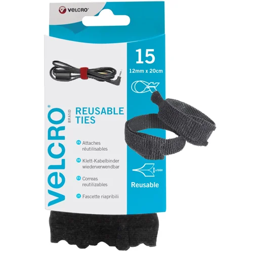 VELCRO Reusable Ties Black 12mmx20cm PK15 - 40255