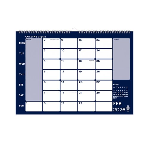 64252CS | From humble beginnings in Scotland, Collins diaries and notebooks have spread over centuries throughout the globe. With over 200 years of experience, Collins is now one of the most trusted stationery brands on the market, bringing together quality, functionality and affordability.Get the big picture with this large calendar for your home or office space. Running January to December, with a fresh new A3 page per month, you can plan out your full 2026 calendar for the whole family.
