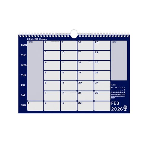 64189CS | From humble beginnings in Scotland, Collins diaries and notebooks have spread over centuries throughout the globe. With over 200 years of experience, Collins is now one of the most trusted stationery brands on the market, bringing together quality, functionality and affordability.Get the big picture with this calendar for your home or office space. Running January to December, with a fresh new A4 page per month, you can plan out your full 2026 calendar for the whole family.