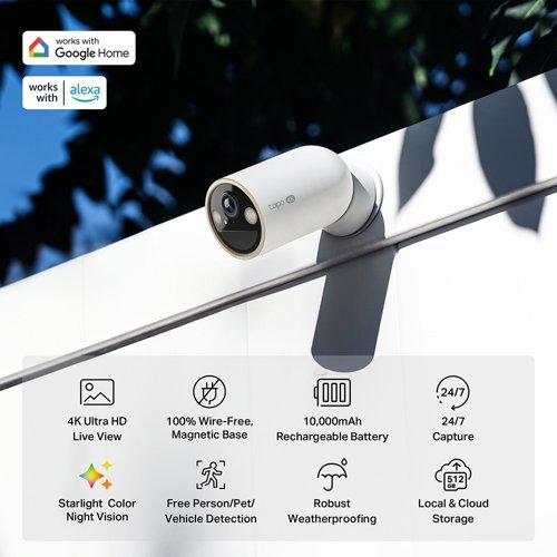 8TP10451522 | Always-on security meets 4K clarity - 4K battery-powered security WiFi camera.4K resolution has 4 x the number of pixels compared to 1080p. This results in greater image clarity, finer details, and a sharper picture. Capture license plates, smaller objects, and more with 4K. Utilising an Edge Improvement algorithm, the Tapo C460 delivers crisper edges and finer details, from facial features to text and even plant textures. With a highly sensitive starlight sensor and integrated spotlights, enjoy full-colour night vision. Enhanced colours offer improved context and detail for quicker, more accurate observations.This battery-powered Wi-Fi camera provides 100% wire-free installation. Use the magnetic base to lock on to any iron surface or mount it on the wall with wire-free versatility.With its remarkable 10,000mAh built-in rechargeable battery, Tapo C460 reduces the frequency of recharges, providing up to 200 days of uninterrupted performance on a single charge.Enjoy a maintenance-free security experience with the Tapo Solar Panel (sold separately), ensuring uninterrupted power supply.The Tapo C460 can connect to both 5 GHz and 2.4 GHz WiFi bands for range flexibility. The 5 GHz connection offers faster speeds at shorter distances while the 2.4 GHz connection provides a longer range.