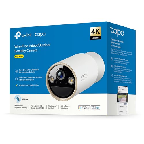 8TP10451522 | Always-on security meets 4K clarity - 4K battery-powered security WiFi camera.4K resolution has 4 x the number of pixels compared to 1080p. This results in greater image clarity, finer details, and a sharper picture. Capture license plates, smaller objects, and more with 4K. Utilising an Edge Improvement algorithm, the Tapo C460 delivers crisper edges and finer details, from facial features to text and even plant textures. With a highly sensitive starlight sensor and integrated spotlights, enjoy full-colour night vision. Enhanced colours offer improved context and detail for quicker, more accurate observations.This battery-powered Wi-Fi camera provides 100% wire-free installation. Use the magnetic base to lock on to any iron surface or mount it on the wall with wire-free versatility.With its remarkable 10,000mAh built-in rechargeable battery, Tapo C460 reduces the frequency of recharges, providing up to 200 days of uninterrupted performance on a single charge.Enjoy a maintenance-free security experience with the Tapo Solar Panel (sold separately), ensuring uninterrupted power supply.The Tapo C460 can connect to both 5 GHz and 2.4 GHz WiFi bands for range flexibility. The 5 GHz connection offers faster speeds at shorter distances while the 2.4 GHz connection provides a longer range.