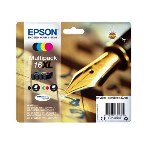 Epson 16XL Pen and Crossword Black Cyan Magenta Yellow High Yield Ink Cartridge Multipack 12.9ml Black + 3 x 6.5ml (Pack 4) - C13T16364022