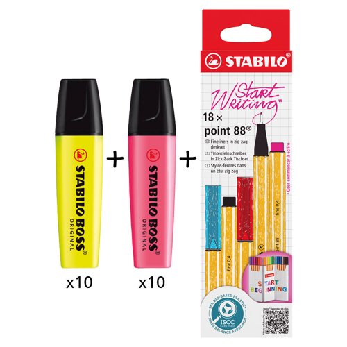 BOSS ORIGINAL Highlighter Yellow (Pack 10)+Pink (Pack 10) + POINT 88 Fineliner Zigzag Card Assorted Colours (Pack 18) - 70/24/10+70/56+8818/5