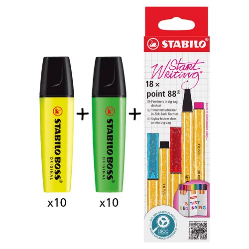 BOSS ORIGINAL Highlighter Yellow (Pack 10)+Green (Pack 10) + POINT 88 Fineliner Zigzag Card Assorted Colours (Pack 18) - 70/24/10+70/33+8818/5