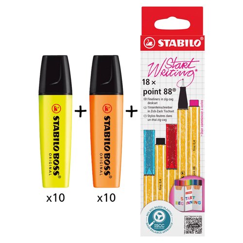 BOSS ORIGINAL Highlighter Yellow (Pack 10)+Orange(Pack 10) + POINT 88 Fineliner Zigzag Card Assorted Colours (Pack 18) - 70/24/10+70/56+8818/5