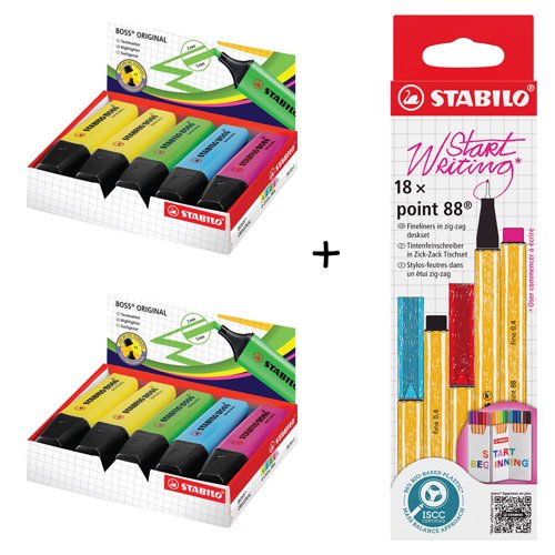 BOSS ORIGINAL Highlighter Assorted Colours (Pack 10)x 2 + POINT 88 Fineliner Zigzag Card Assorted Colours (Pack 18) - 70/10-1x2+8818/5