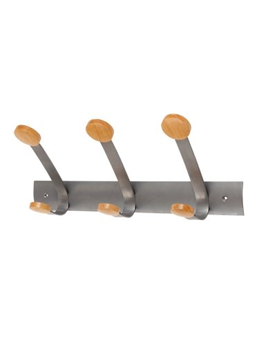 Alba Wall Coat Hooks 3 Double Pegs Silver Grey Steel/Light Wood L46xW18x12cm - PMV3