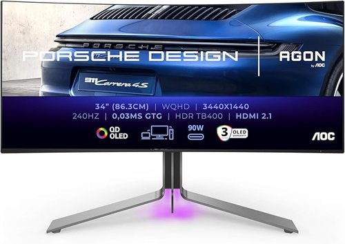 AOC Porsche PD34 34 Inch 3440 x 1440 Pixels Wide Quad HD QD-OLED HDMI DisplayPort USB-C Curved Gaming Monitor